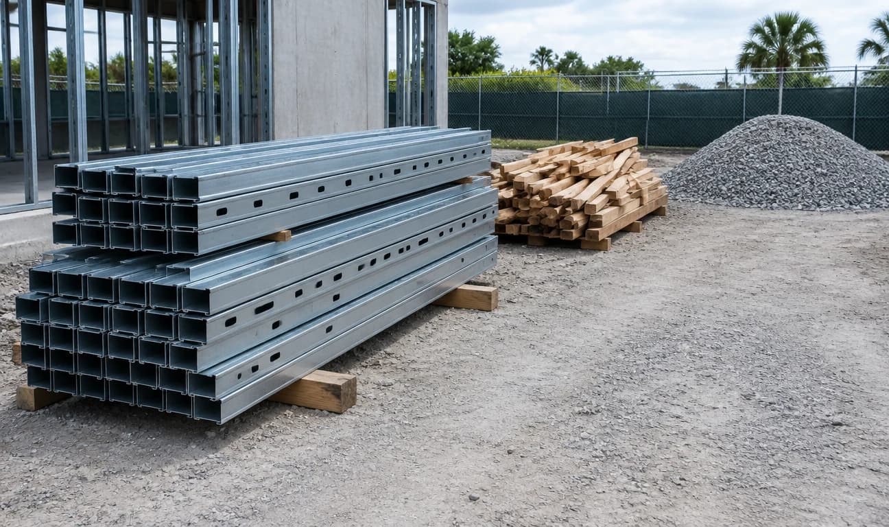 AI-generated concept of separated steel, timber and aggregate materials